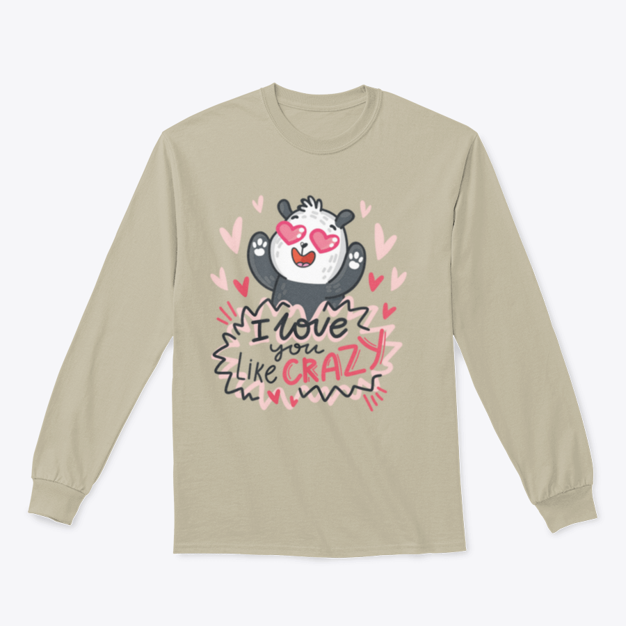 A cute panda character surrounded by hearts and playful lettering, showcasing a whimsical design perfect for casual wear.