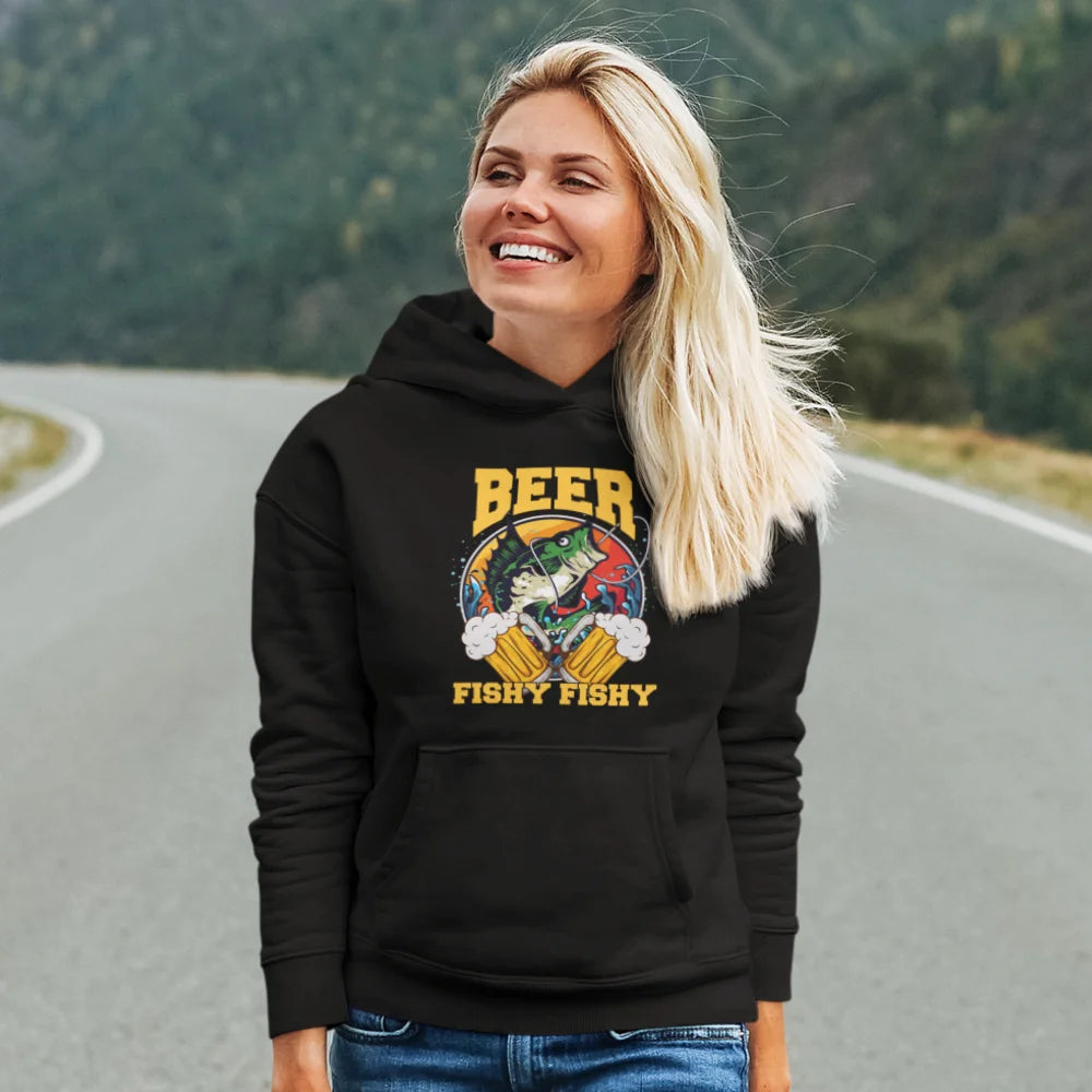 Beer Fishy Fishy 2 Women Hoodie featuring a unique design, made from a comfortable cotton-polyester blend, perfect for everyday wear.