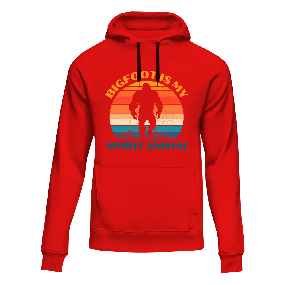 A cozy unisex hoodie featuring the phrase 'Bigfoot Is My Spirit Animal' in bold lettering, perfect for casual wear.