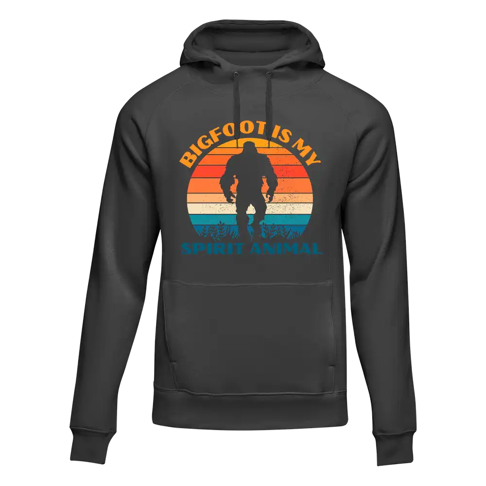 A cozy unisex hoodie featuring the phrase 'Bigfoot Is My Spirit Animal' in bold lettering, perfect for casual wear.