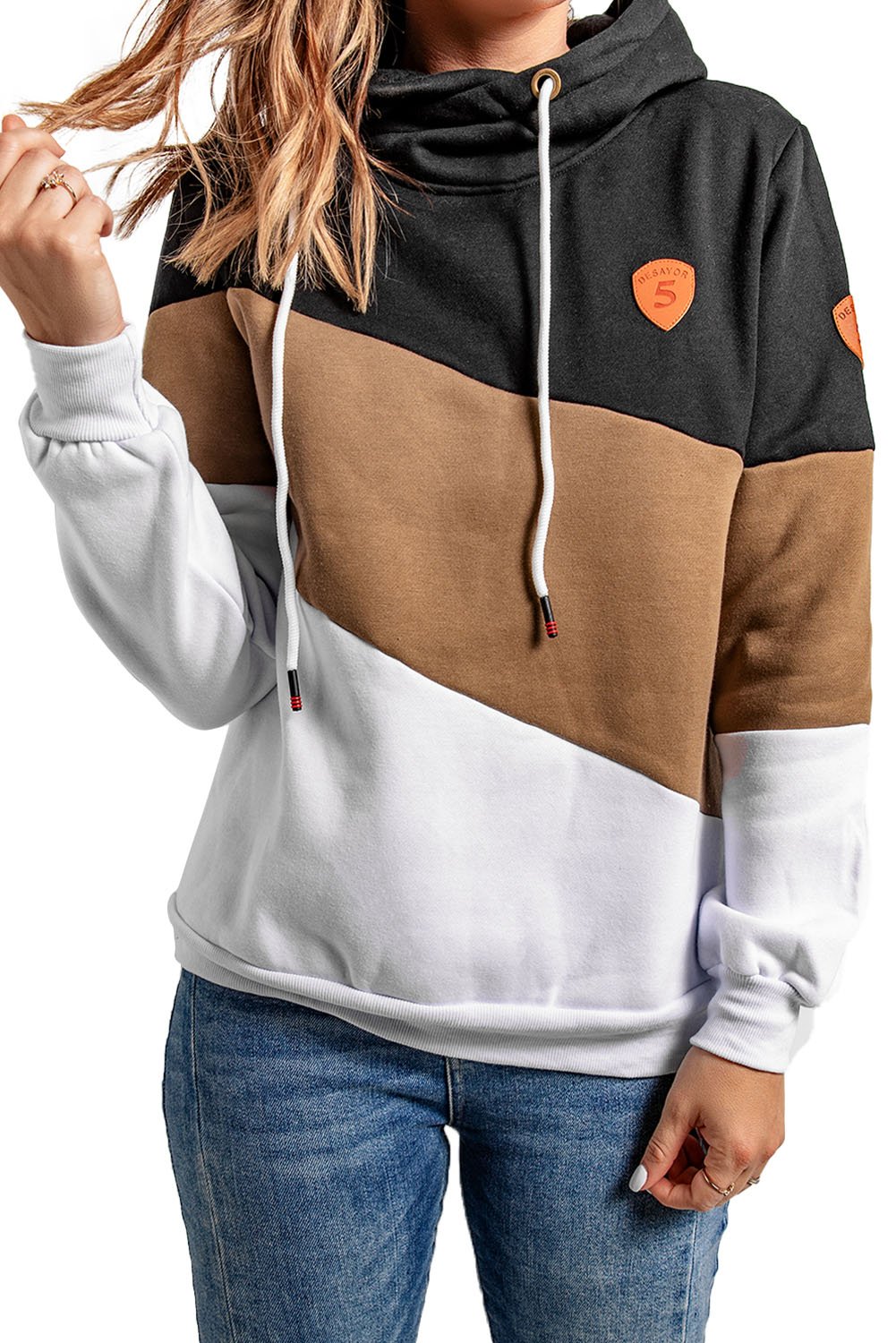 A stylish black colorblock hoodie featuring a hood, full sleeves, and a trendy design, perfect for casual and sporty occasions.