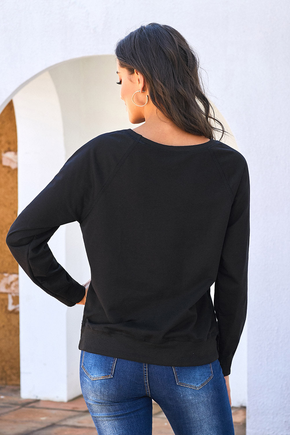 Black French Terry Cotton Blend Sweatshirt with crew neckline and distressed detailing, perfect for casual wear.