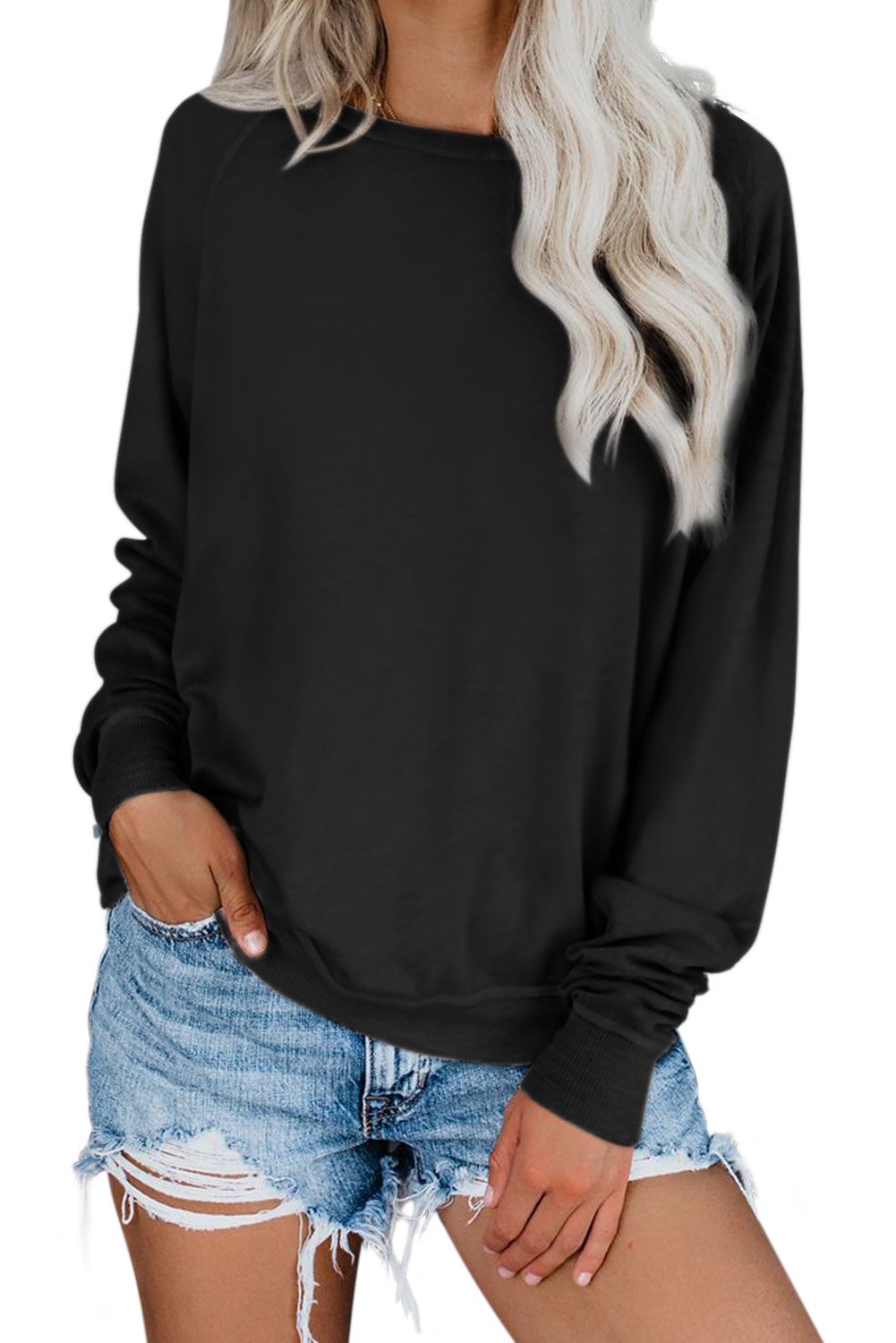 Black French Terry Cotton Blend Sweatshirt with crew neckline and distressed detailing, perfect for casual wear.