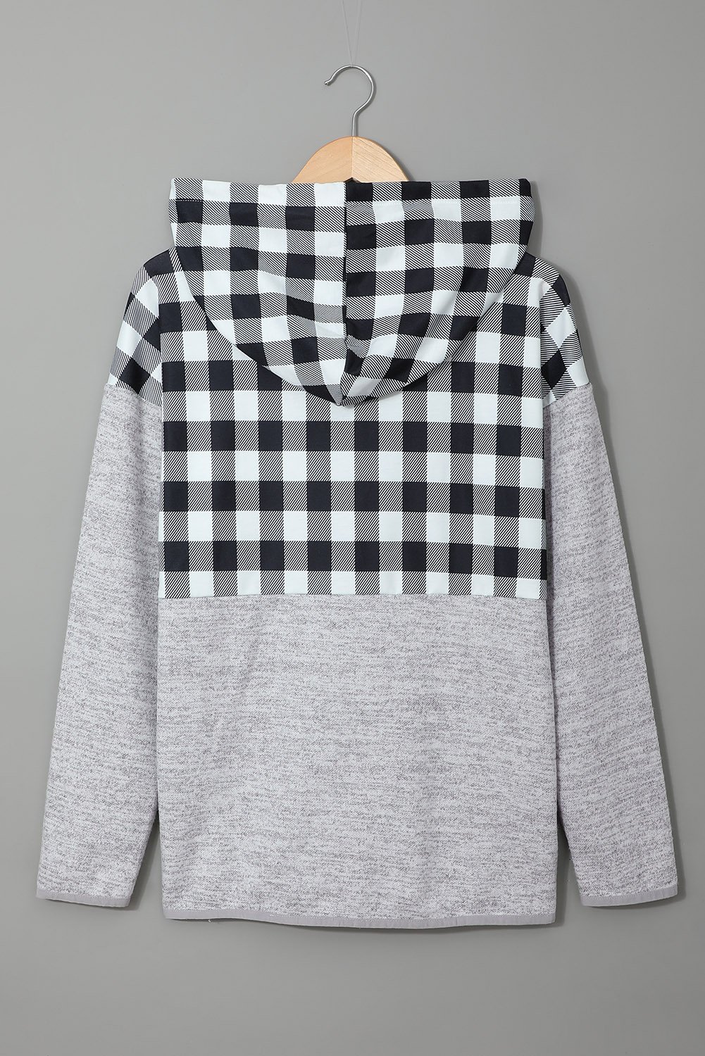 Black plaid gray hoodie featuring a buttoned neckline and full sleeves, perfect for autumn and winter wear.