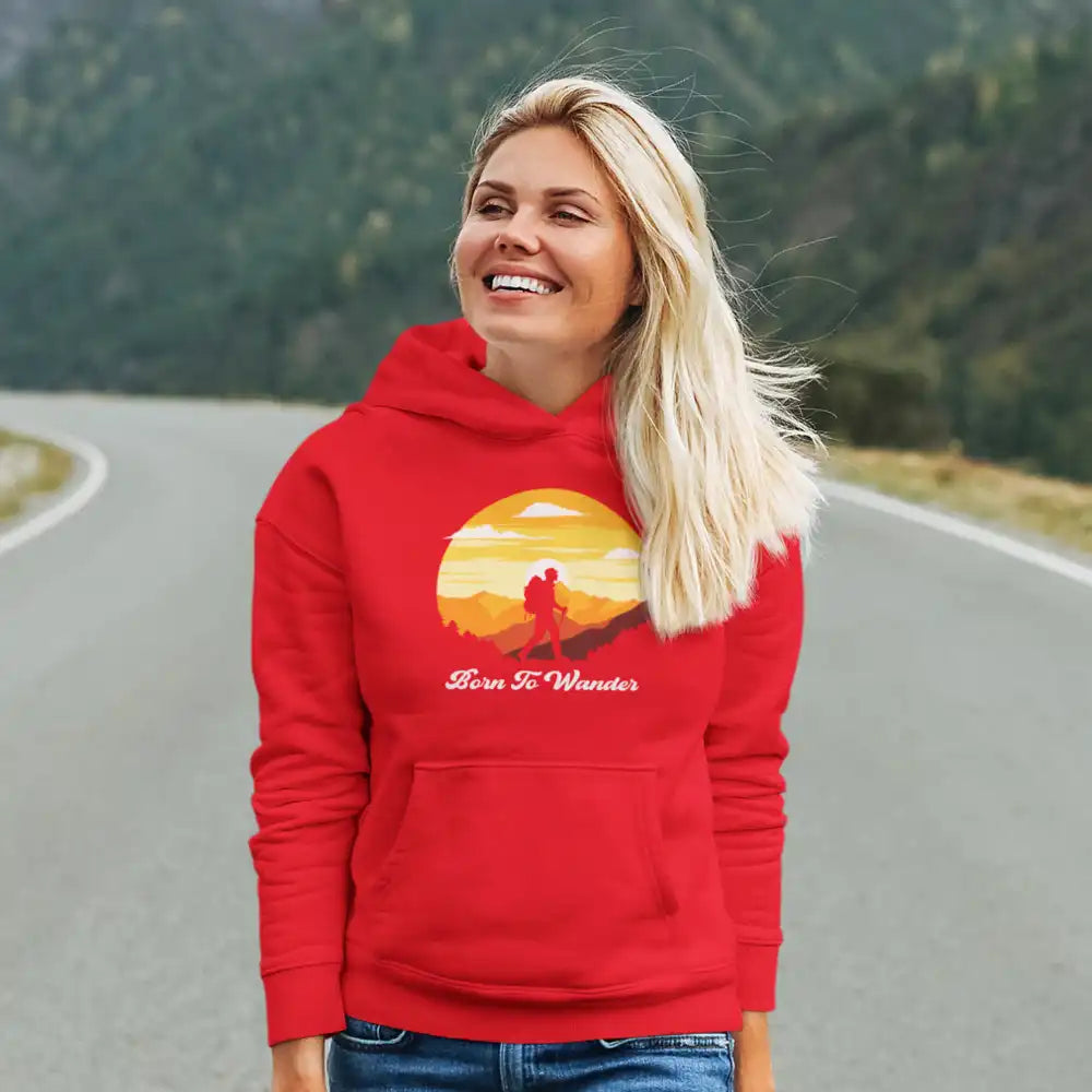 Born To Wander Unisex Hoodie in a classic fit, showcasing its comfortable design and vibrant colors, perfect for everyday wear.