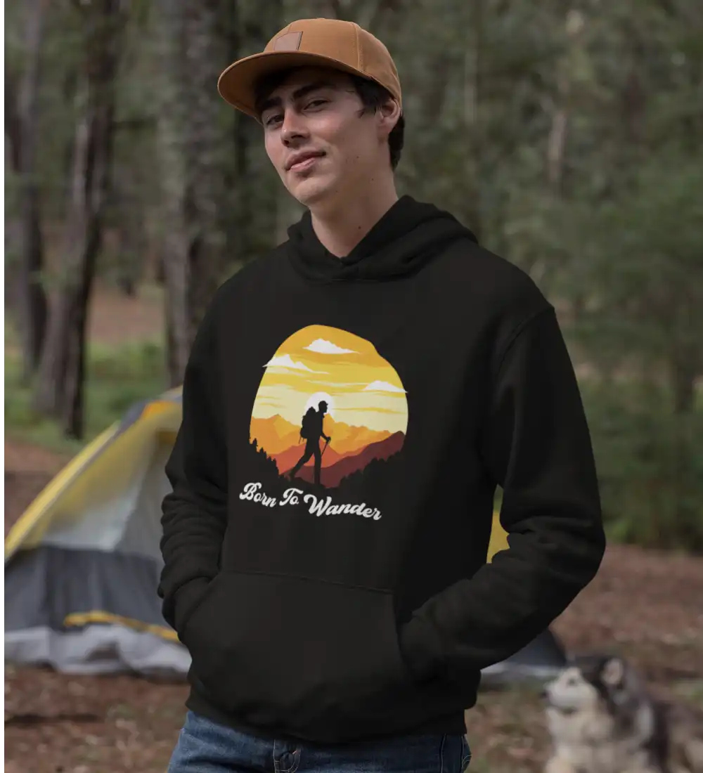 Born To Wander Unisex Hoodie in a classic fit, showcasing its comfortable design and vibrant colors, perfect for everyday wear.