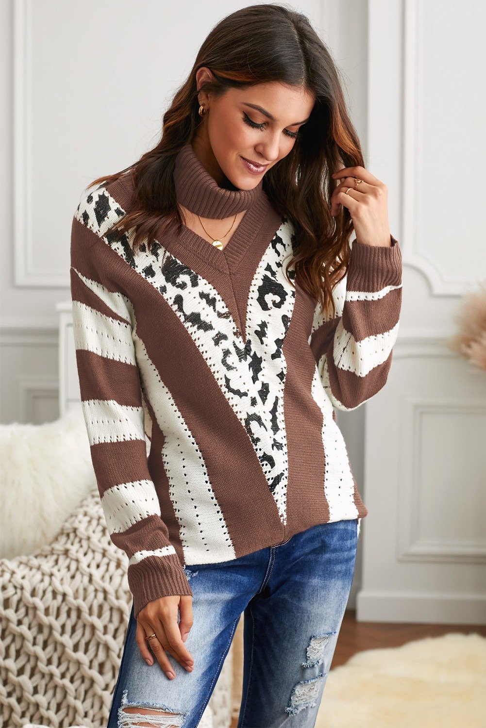 Brown and white striped v neck sweater with ribbed texture and full sleeves, showcasing an elegant neck loop design.