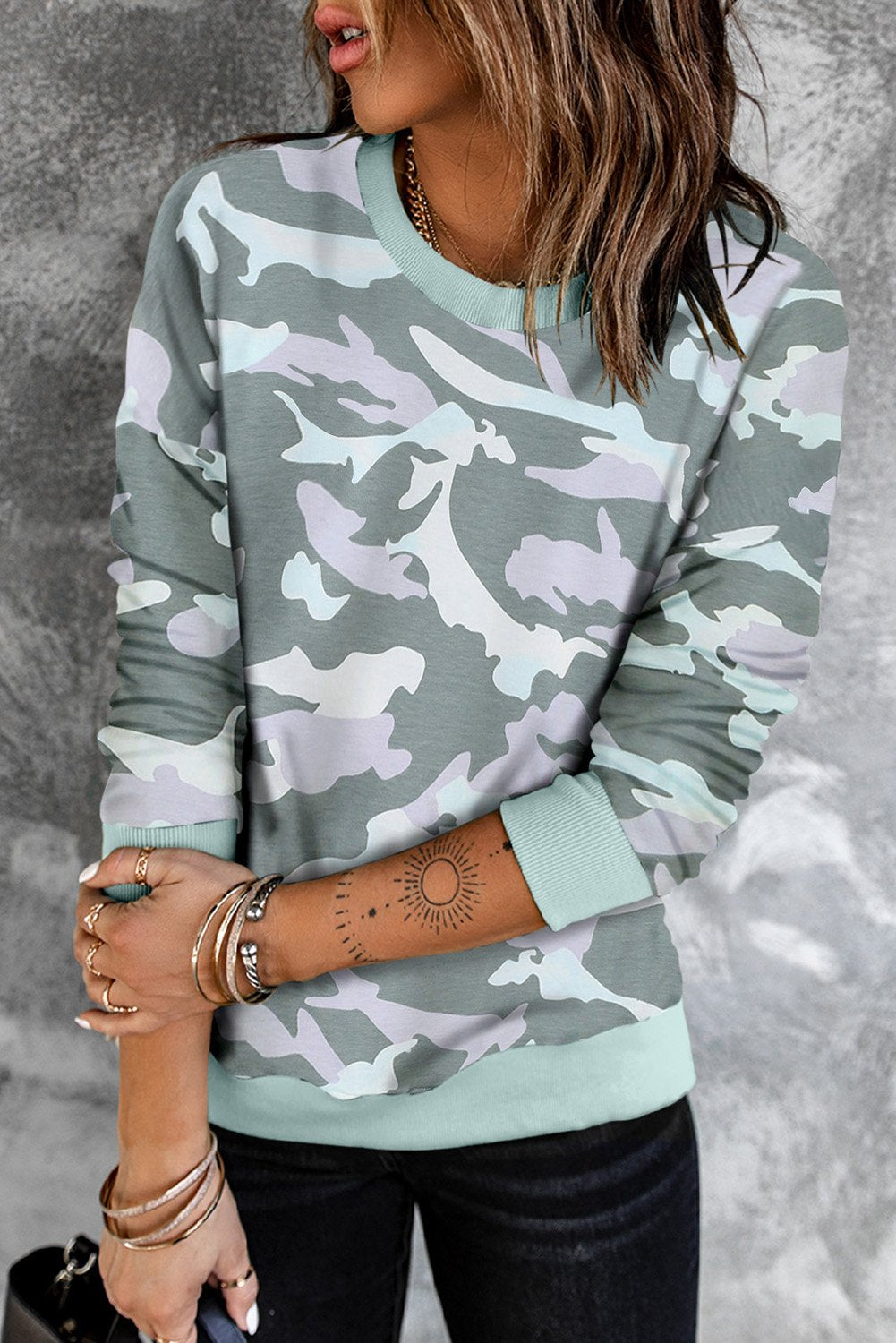 A stylish Camouflage Pullover Sweatshirt featuring a trendy all-over print, perfect for casual wear.