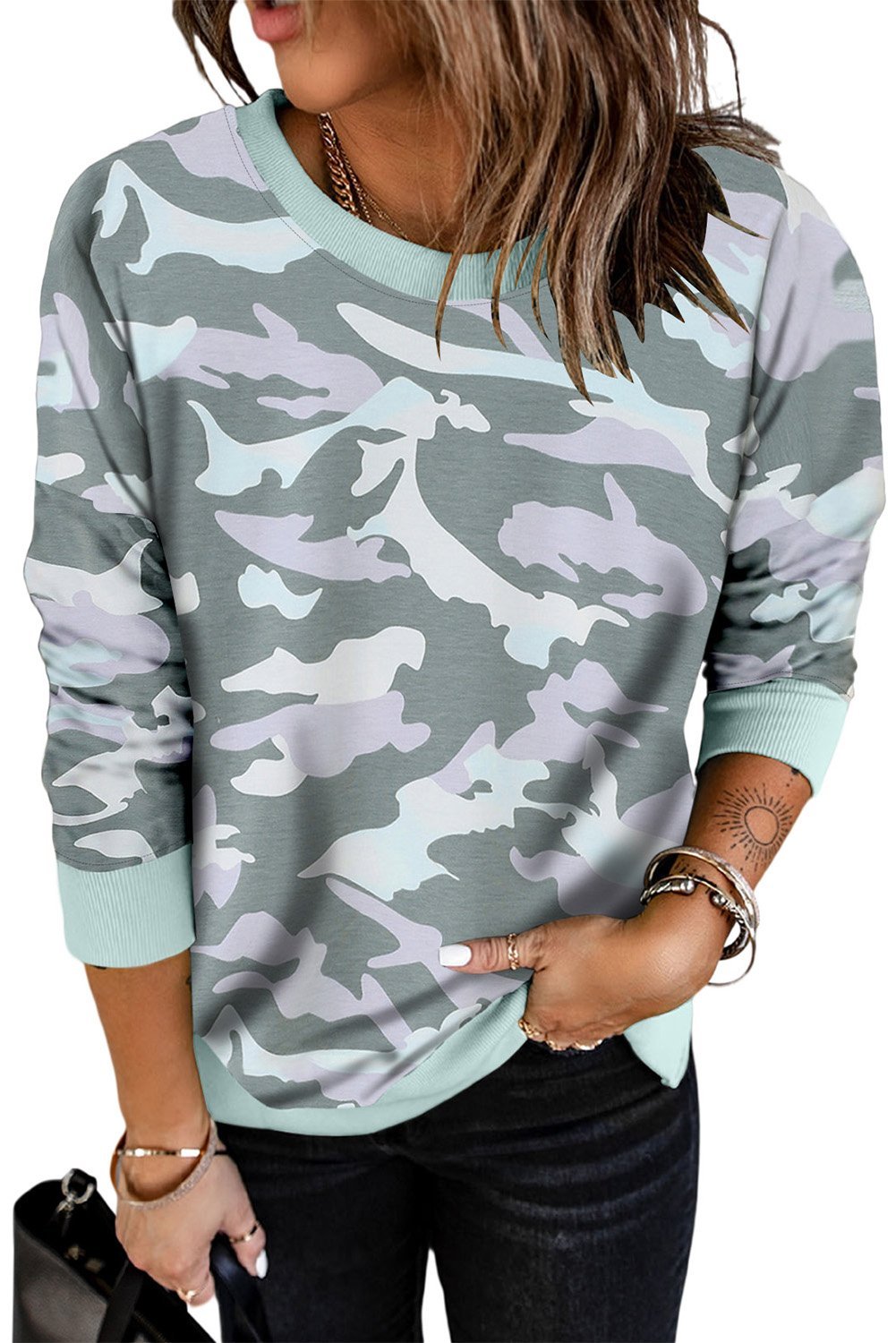 A stylish Camouflage Pullover Sweatshirt featuring a trendy all-over print, perfect for casual wear.