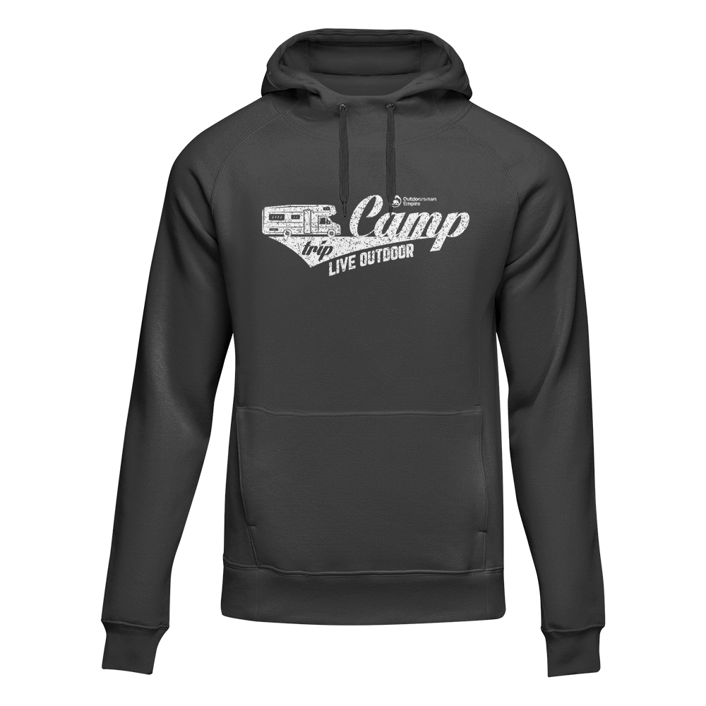 A stylish Camp Trip Unisex Hoodie displayed on a mannequin, showcasing its classic fit and comfortable fabric, perfect for everyday wear.