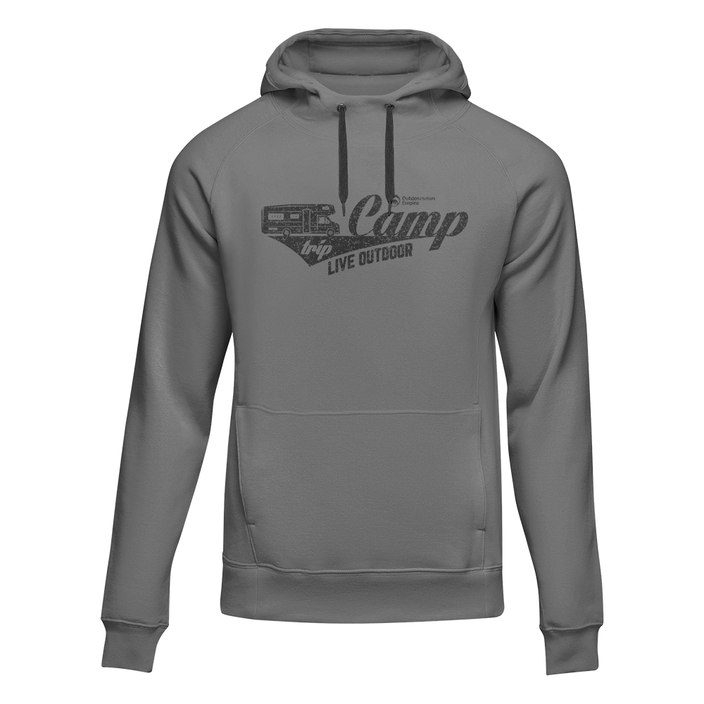 A stylish Camp Trip Unisex Hoodie displayed on a mannequin, showcasing its classic fit and comfortable fabric, perfect for everyday wear.