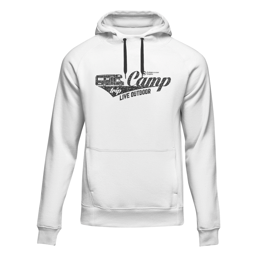 A stylish Camp Trip Unisex Hoodie displayed on a mannequin, showcasing its classic fit and comfortable fabric, perfect for everyday wear.