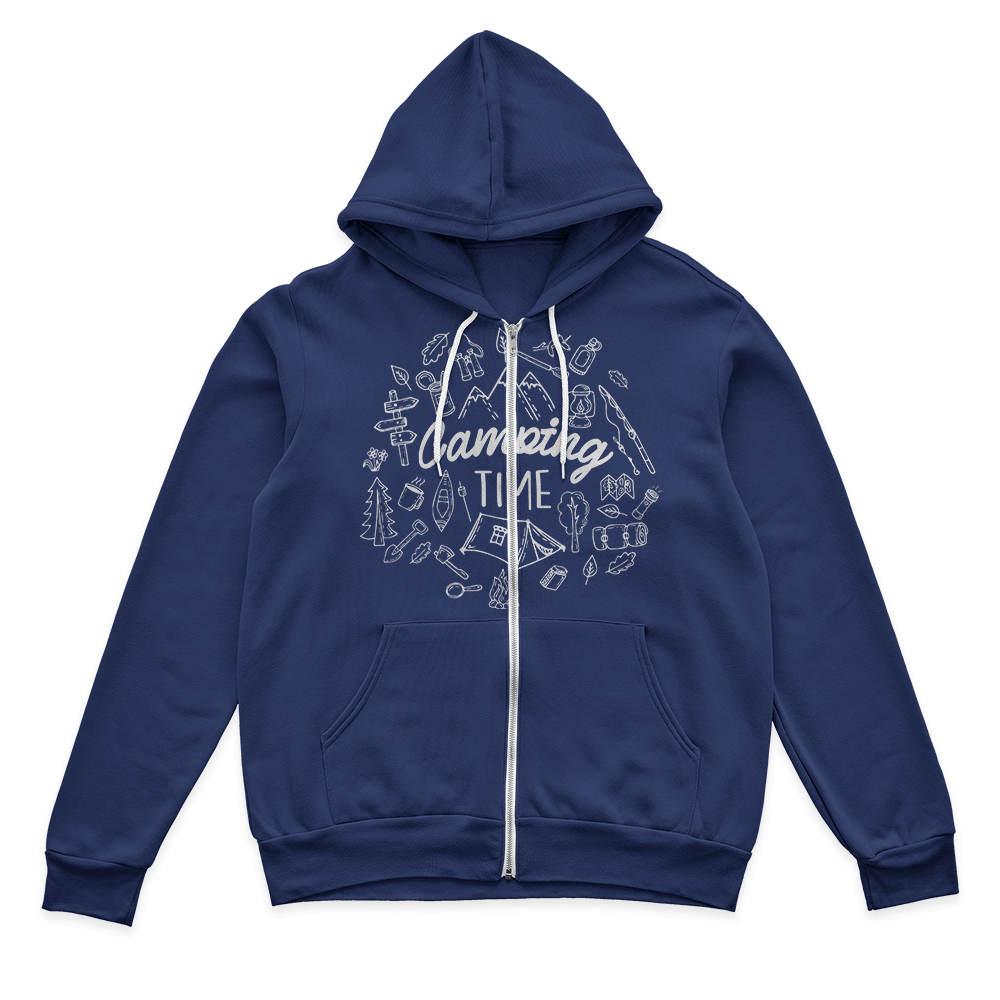 Camping Elements Hoodie featuring a unisex design, double-lined hood, and soft fleece material, perfect for outdoor activities.