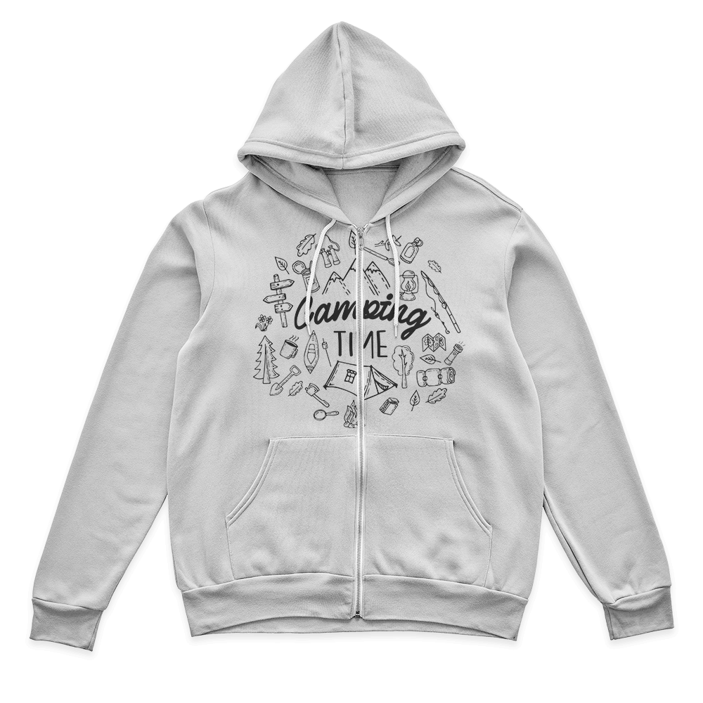 Camping Elements Hoodie featuring a unisex design, double-lined hood, and soft fleece material, perfect for outdoor activities.