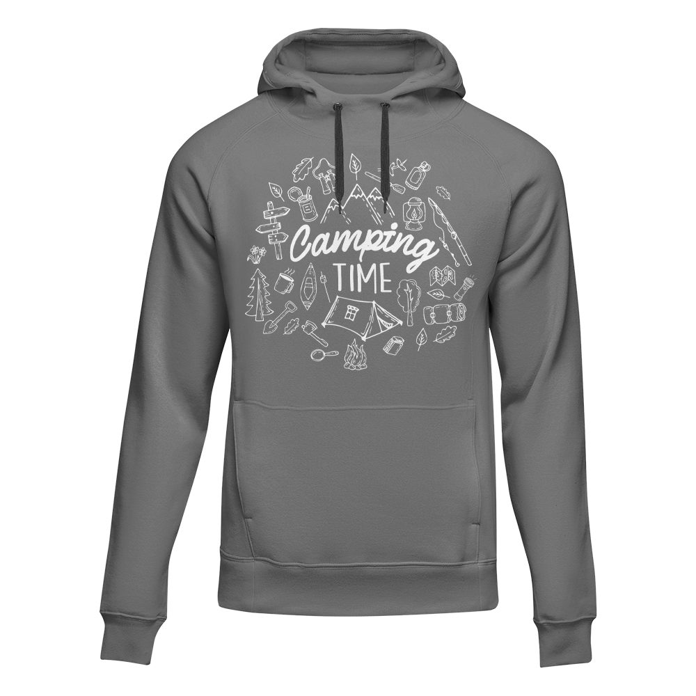 Camping Elements Unisex Hoodie in a cozy setting, showcasing its stylish design and comfortable fit.