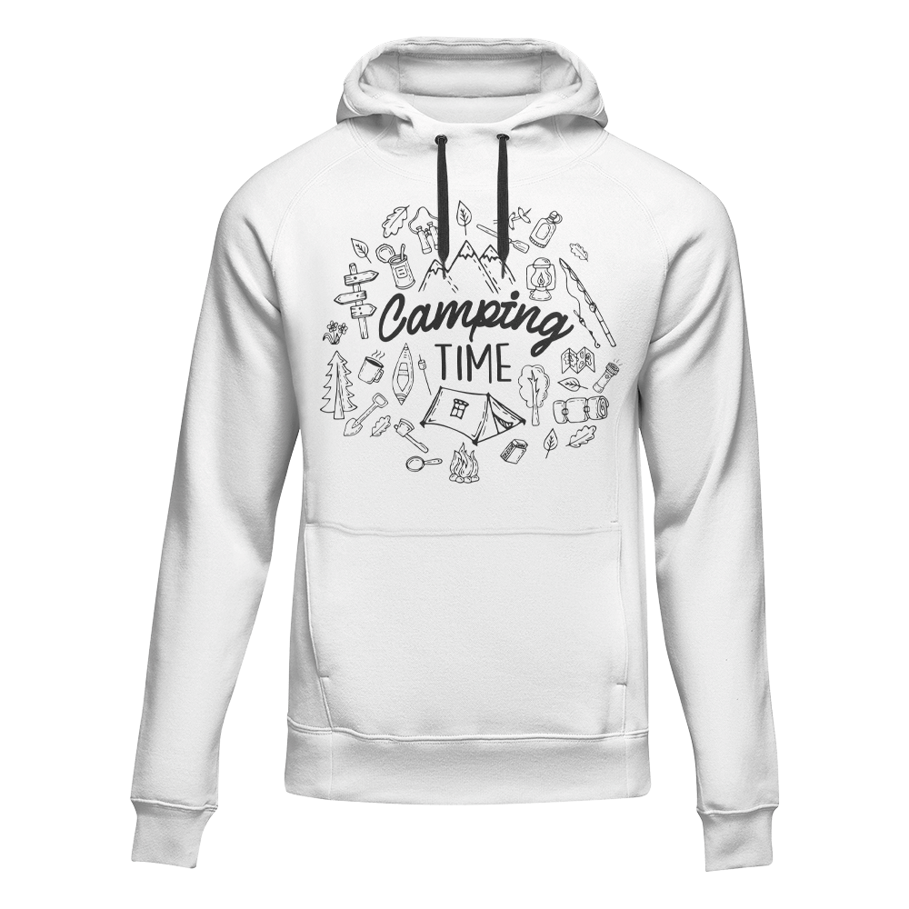 Camping Elements Unisex Hoodie in a cozy setting, showcasing its stylish design and comfortable fit.