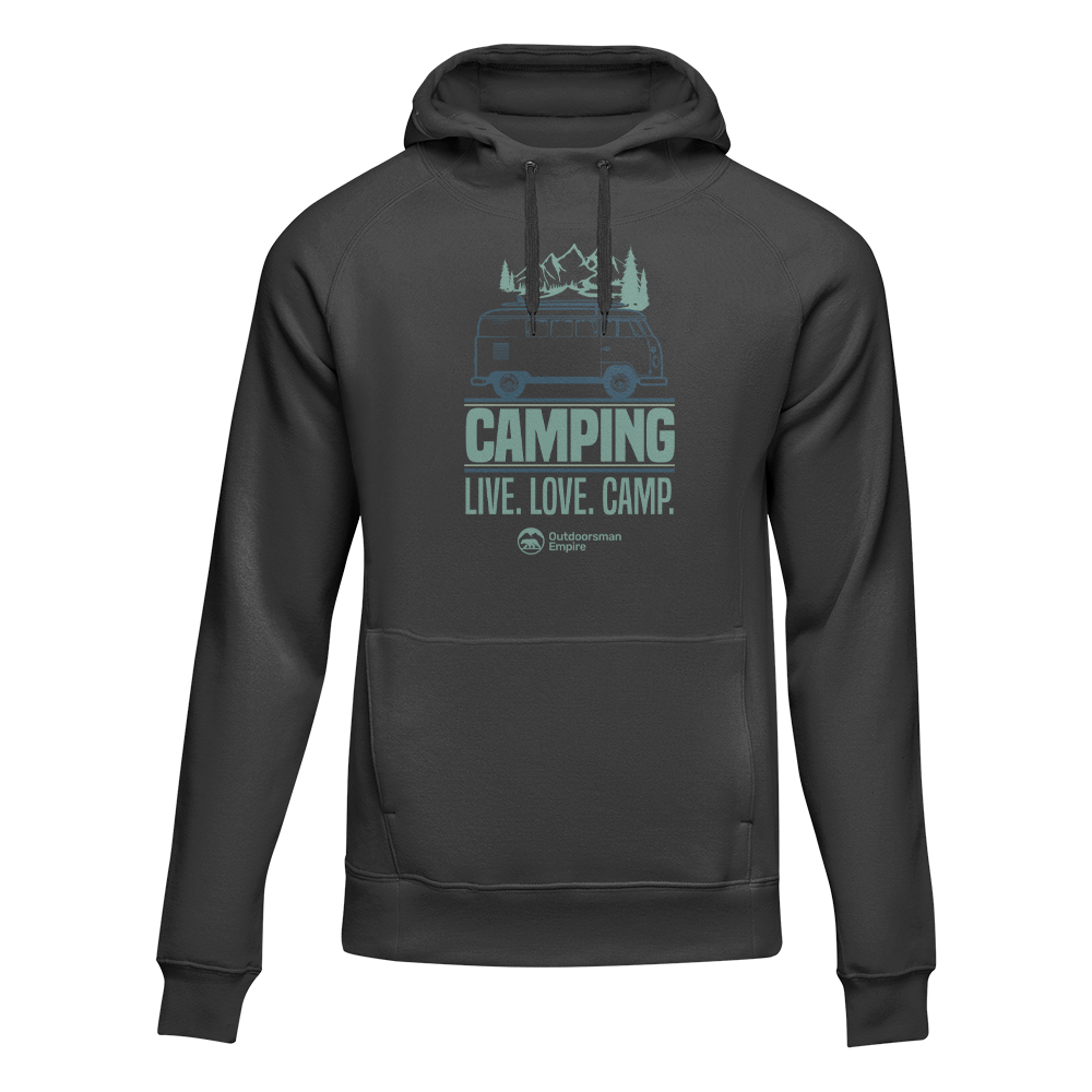 A cozy unisex hoodie featuring the phrase 'Live Love Camp', perfect for outdoor enthusiasts and casual wear.