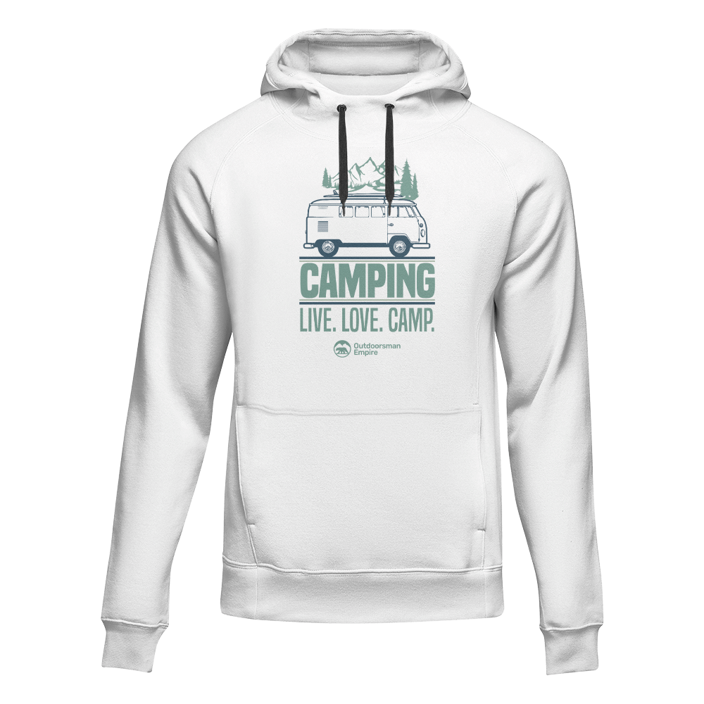 A cozy unisex hoodie featuring the phrase 'Live Love Camp', perfect for outdoor enthusiasts and casual wear.