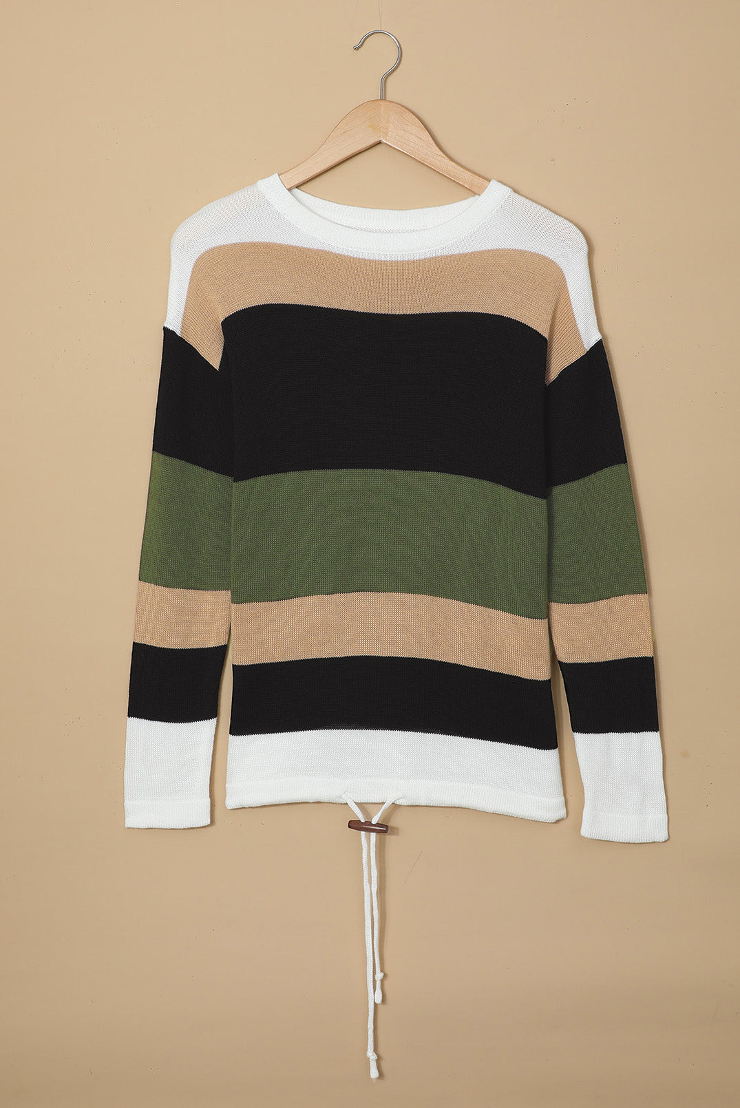 Casual green and black colorblock knit sweater featuring a round neck and full sleeves, perfect for a stylish and comfortable look.