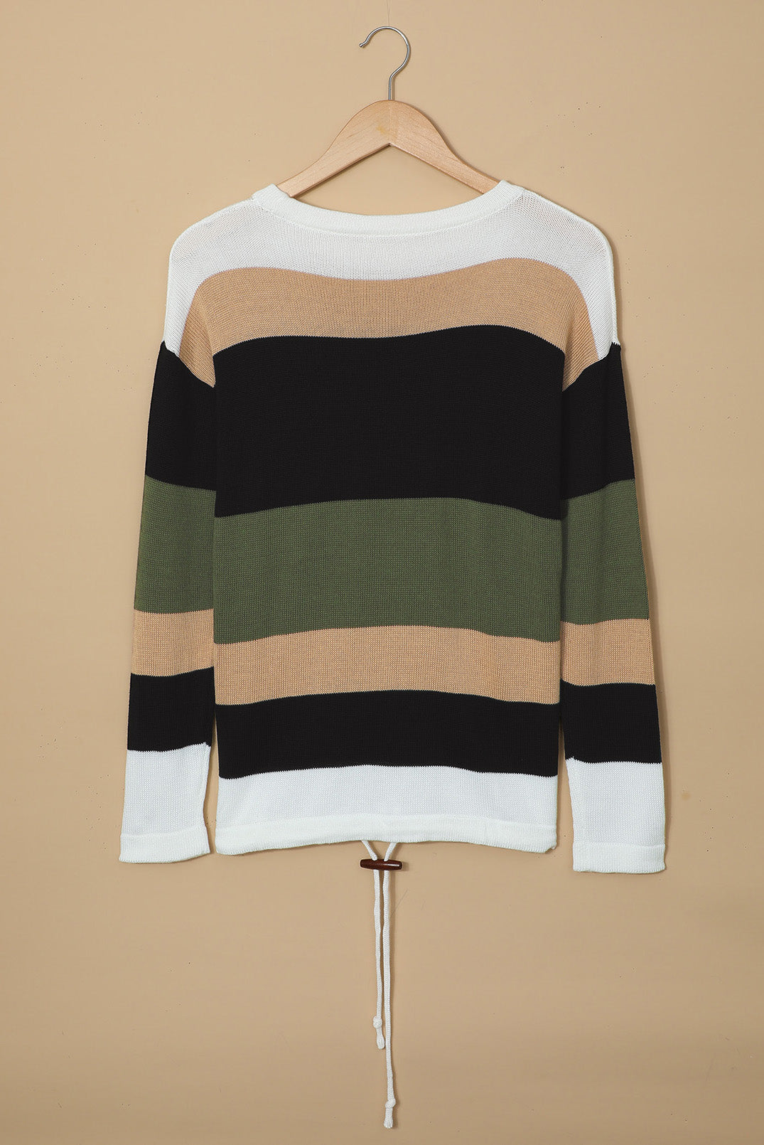 Casual green and black colorblock knit sweater featuring a round neck and full sleeves, perfect for a stylish and comfortable look.