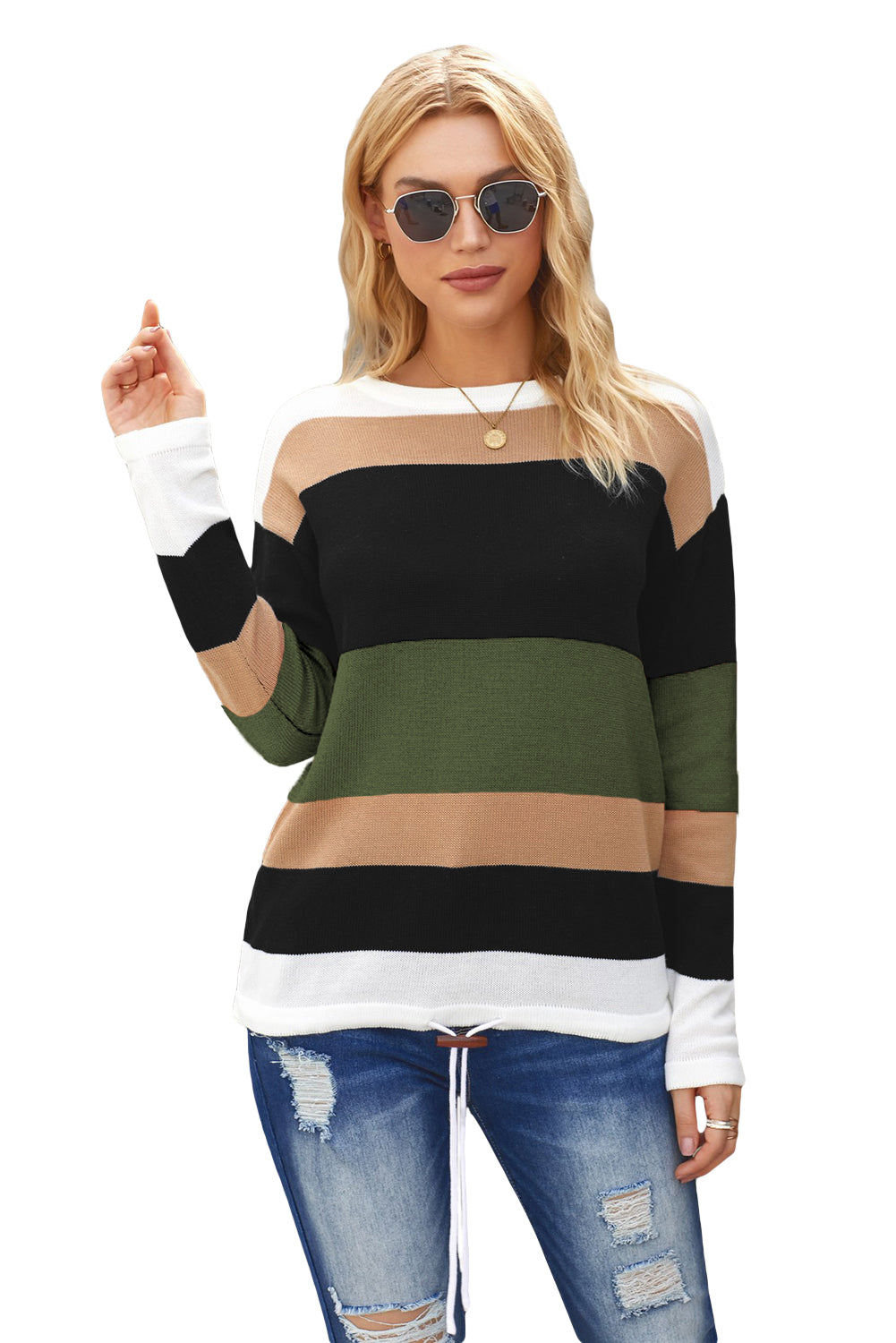 Casual green and black colorblock knit sweater featuring a round neck and full sleeves, perfect for a stylish and comfortable look.