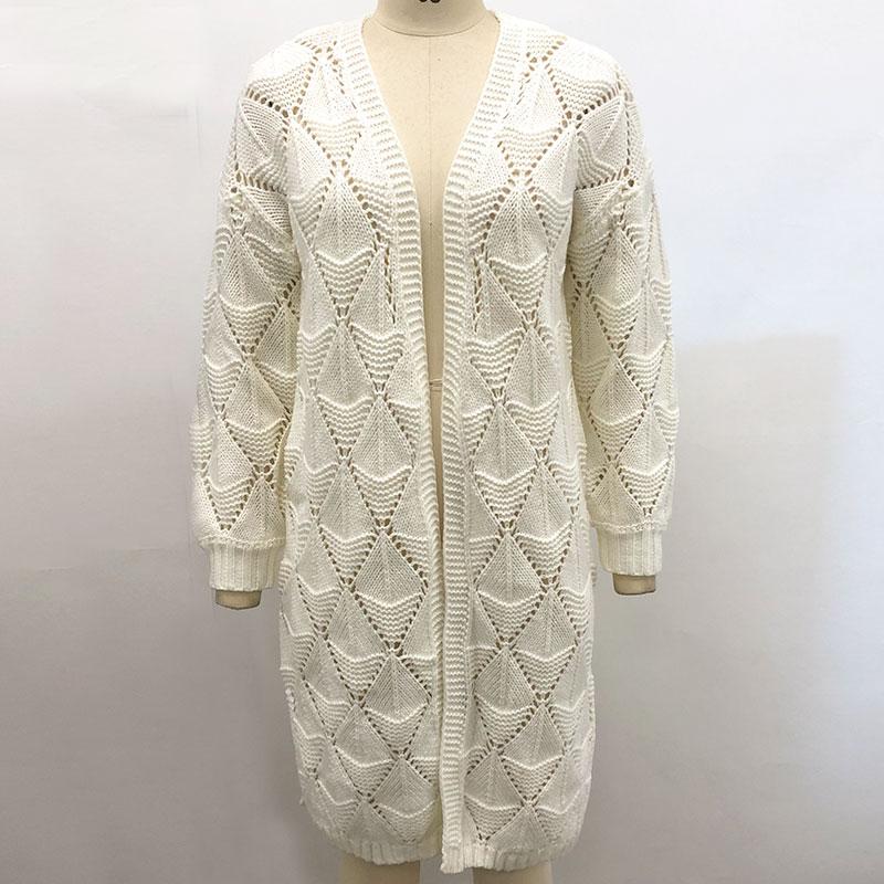 A stylish long women winter cardigan featuring a V-neck, full sleeves, and a loose fit, made from soft acrylic material.