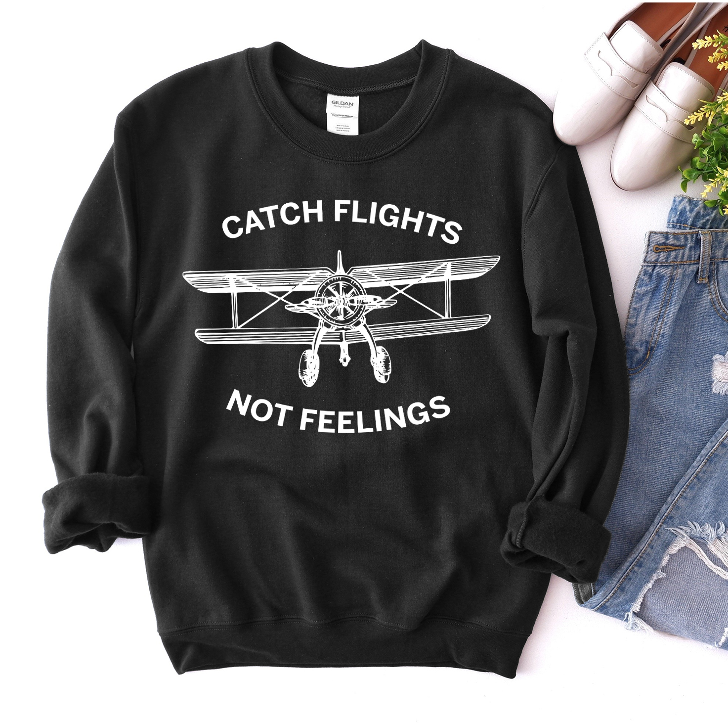 Catch Flights Not Feelings Sweatshirt in a stylish unisex design, showcasing its soft fabric and comfortable fit.