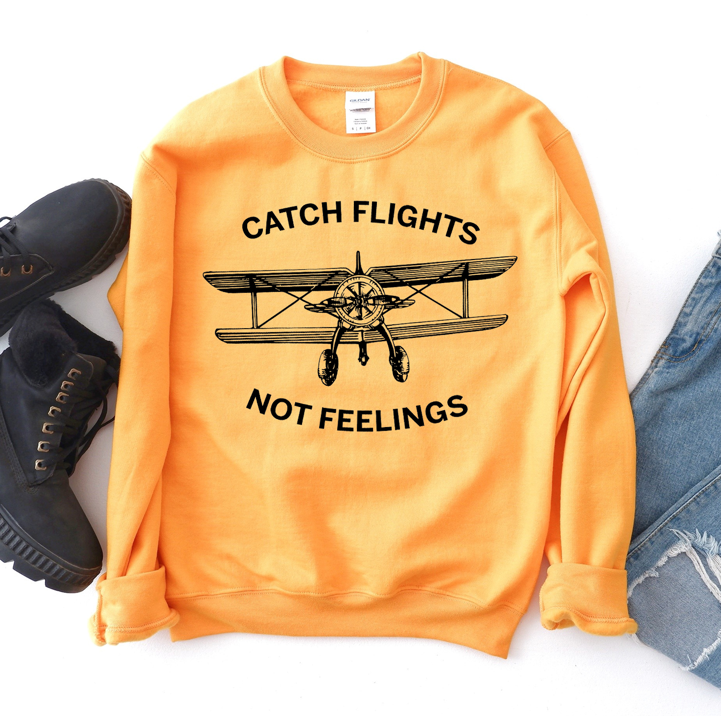 Catch Flights Not Feelings Sweatshirt in a stylish unisex design, showcasing its soft fabric and comfortable fit.