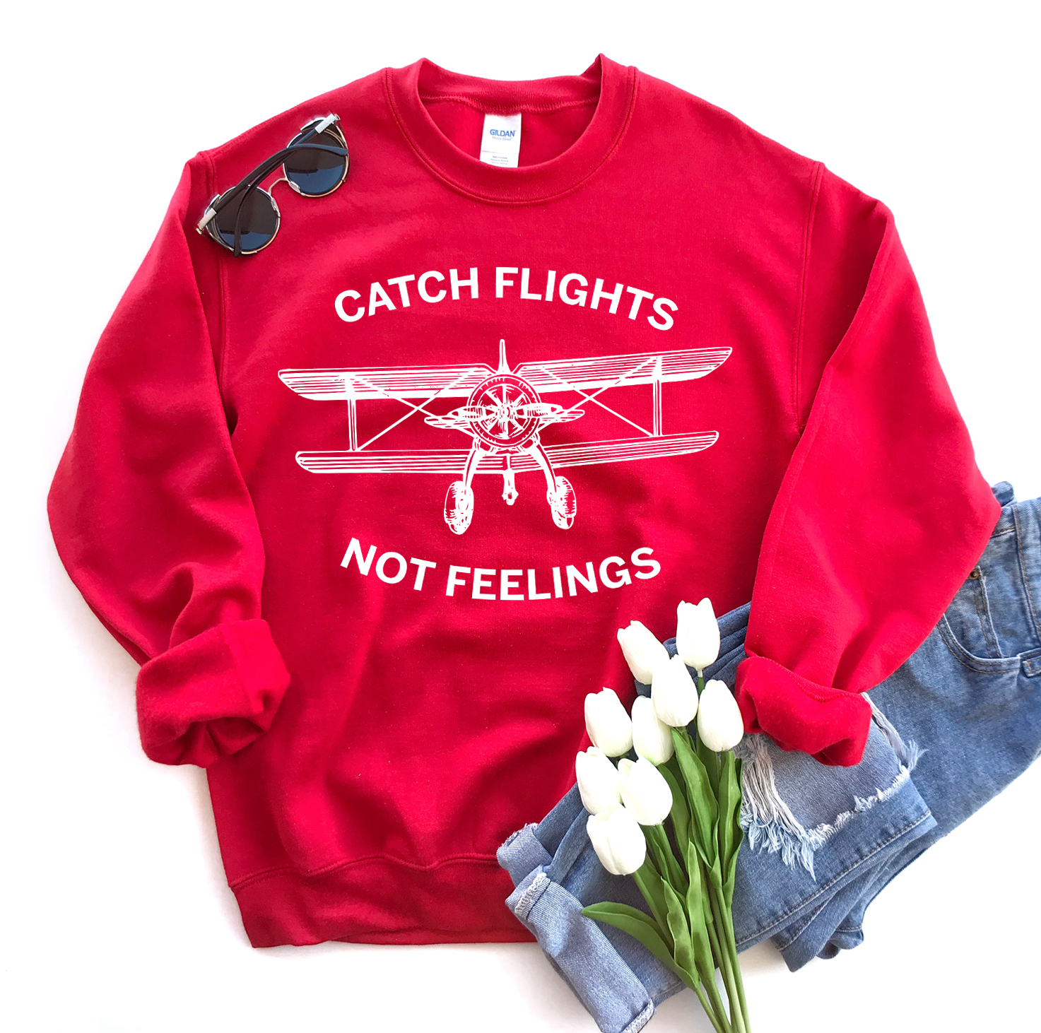 Catch Flights Not Feelings Sweatshirt in a stylish unisex design, showcasing its soft fabric and comfortable fit.