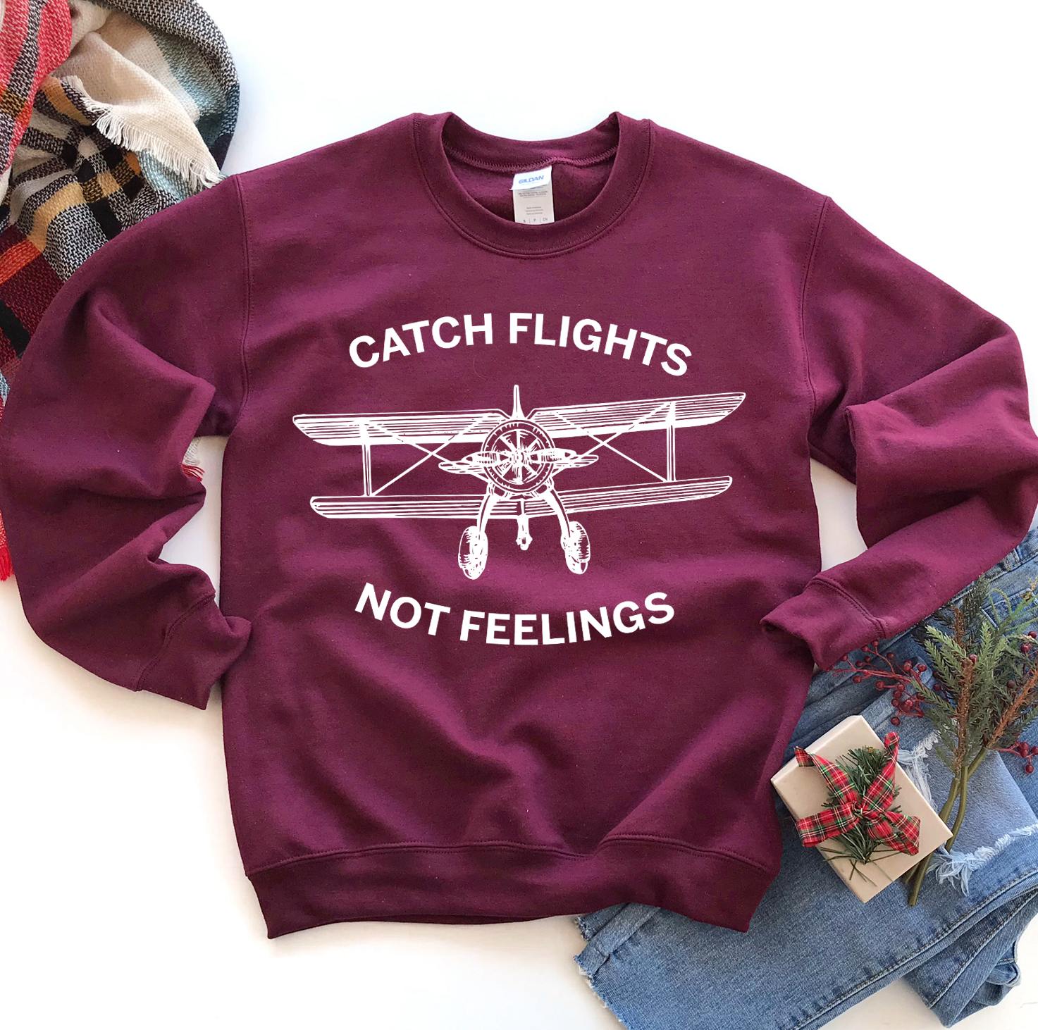 Catch Flights Not Feelings Sweatshirt in a stylish unisex design, showcasing its soft fabric and comfortable fit.