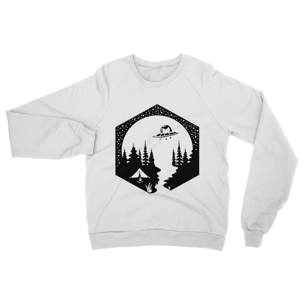 A cozy Cats Camping Women's Sweatshirt featuring a stylish graphic print, set-in sleeves, and a classic crew neck design, perfect for outdoor adventures.