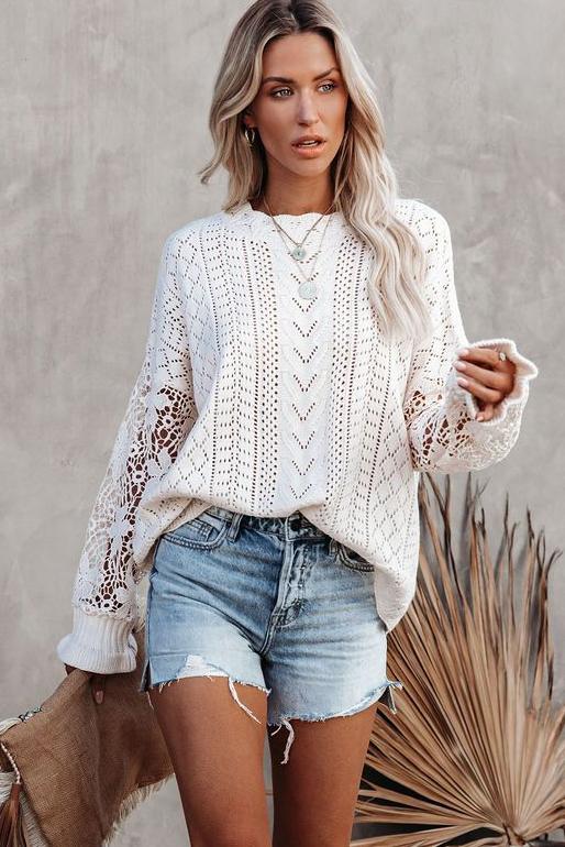 Chic White Crochet Lace Pointelle Knit Sweater featuring scalloped neckline and lace sleeves, perfect for winter fashion.