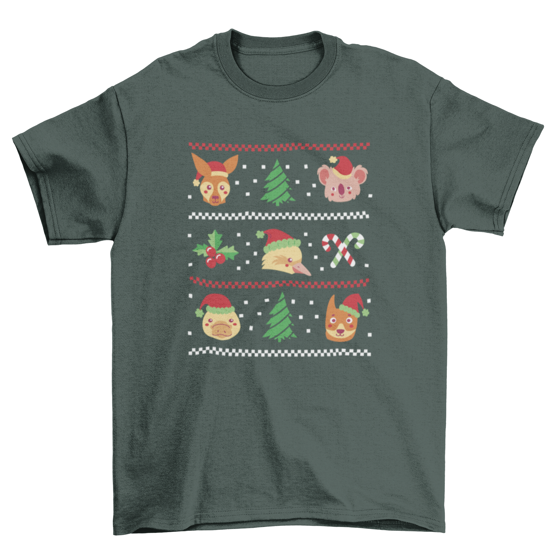 A colorful Christmas t-shirt featuring various animals in festive attire, perfect for holiday celebrations.