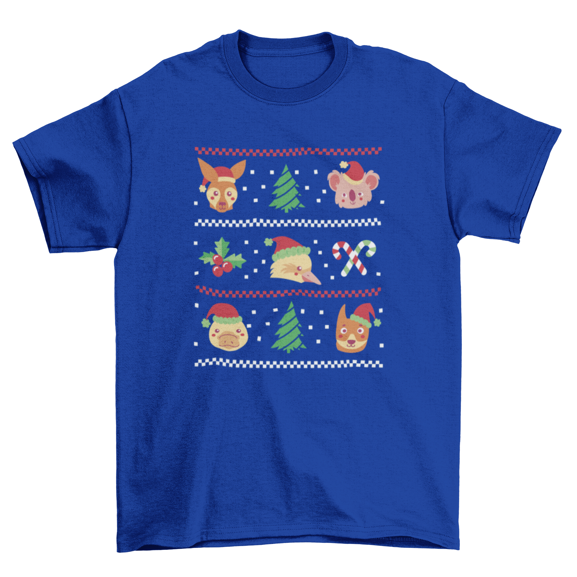 A colorful Christmas t-shirt featuring various animals in festive attire, perfect for holiday celebrations.