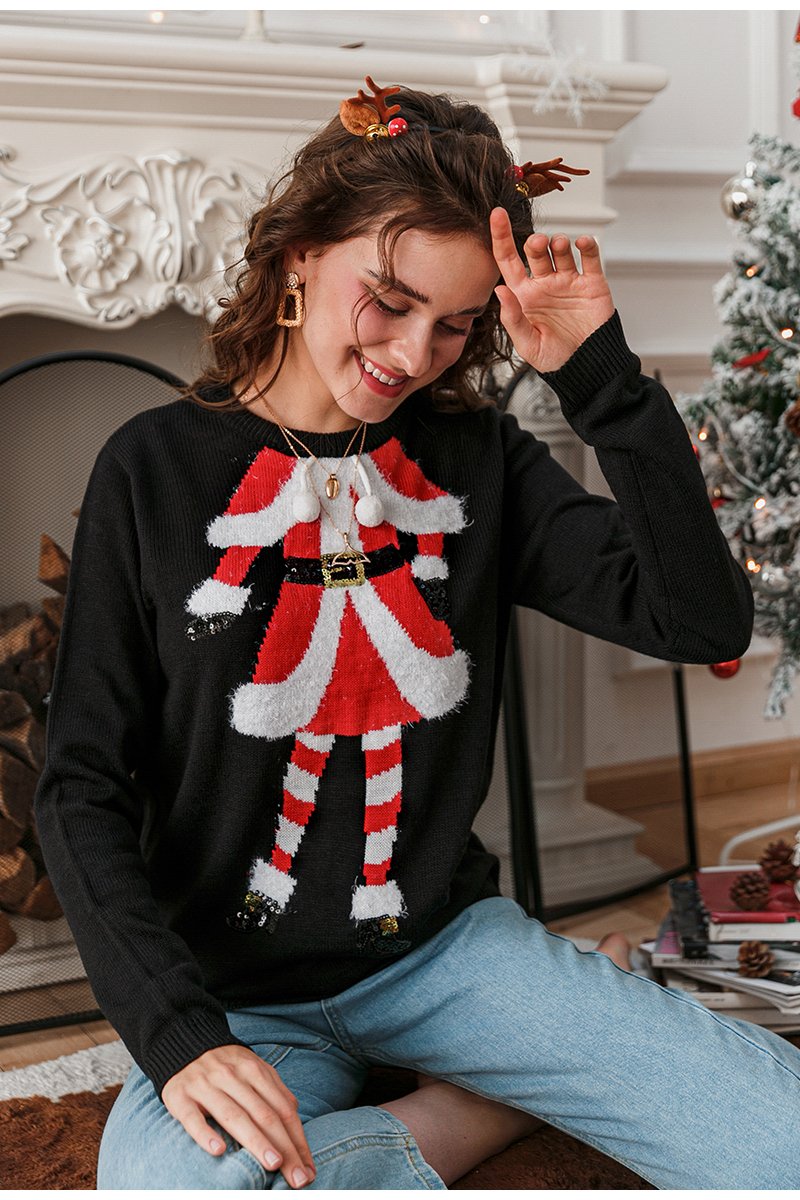 A vibrant Christmas Ugly Sweater featuring a playful Santa design, sequined details, and a cozy O-neck style, perfect for holiday celebrations.