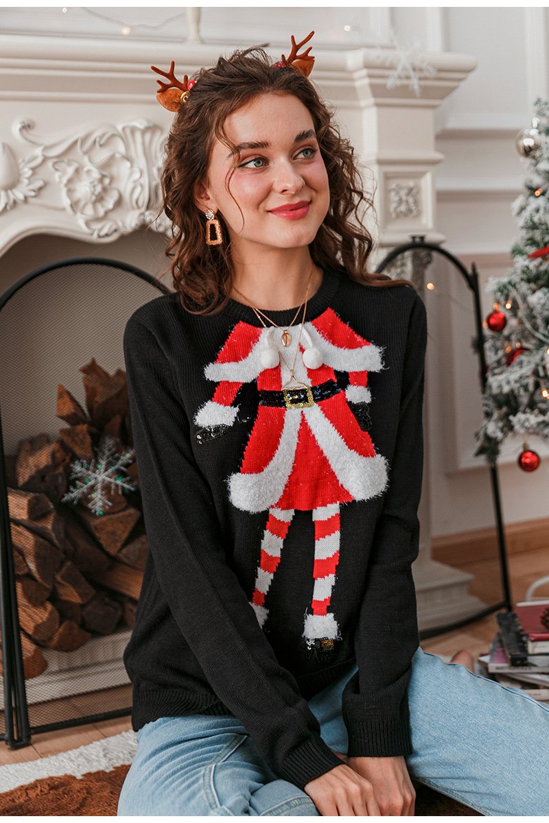 A vibrant Christmas Ugly Sweater featuring a playful Santa design, sequined details, and a cozy O-neck style, perfect for holiday celebrations.