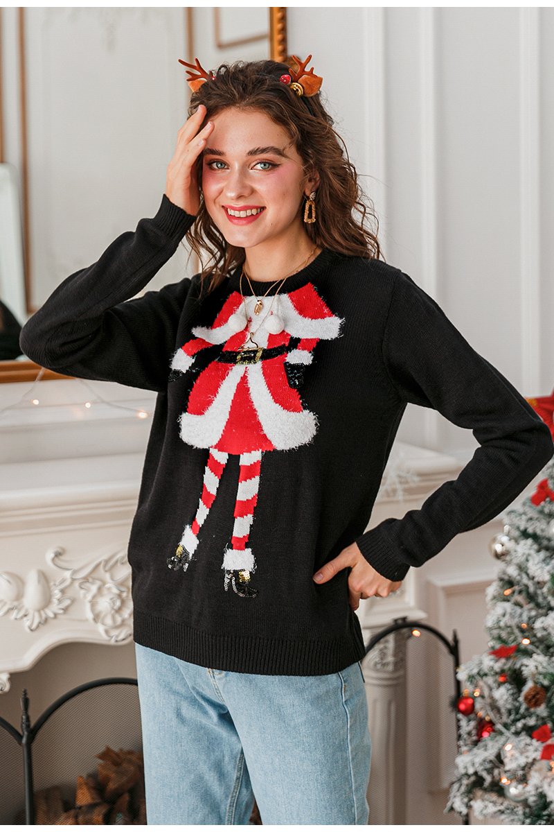 A vibrant Christmas Ugly Sweater featuring a playful Santa design, sequined details, and a cozy O-neck style, perfect for holiday celebrations.