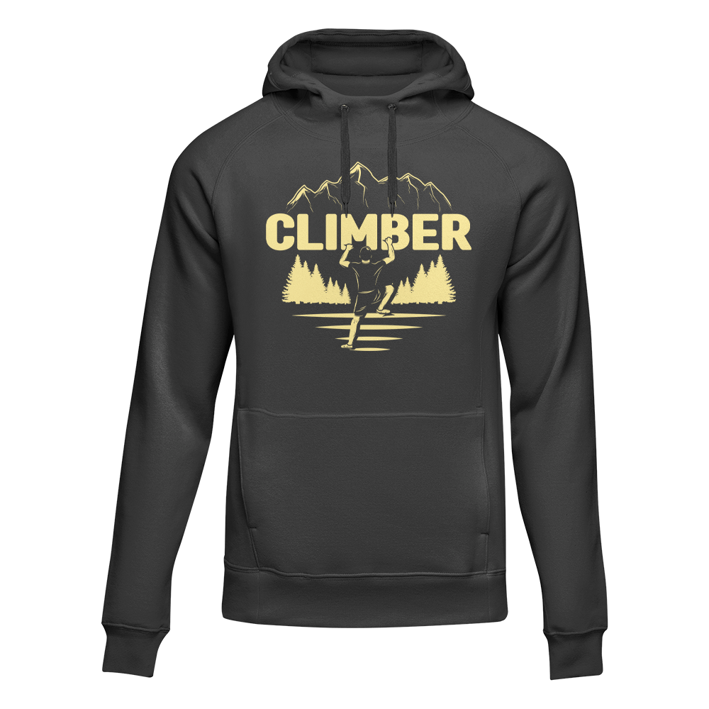 A stylish Climber Unisex Hoodie displayed on a mannequin, showcasing its classic fit and comfortable fabric in a vibrant color.