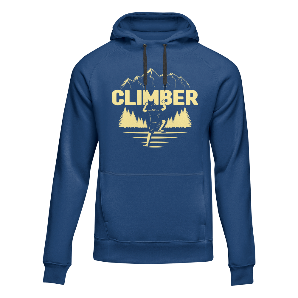 A stylish Climber Unisex Hoodie displayed on a mannequin, showcasing its classic fit and comfortable fabric in a vibrant color.