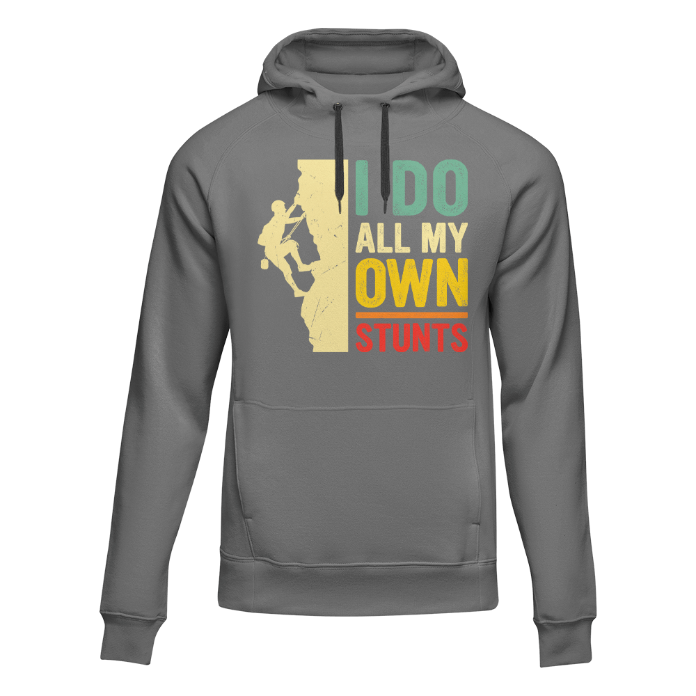 Climbing I Do All My Own Stunts Unisex Hoodie in a stylish design, showcasing its comfortable fit and vibrant colors.