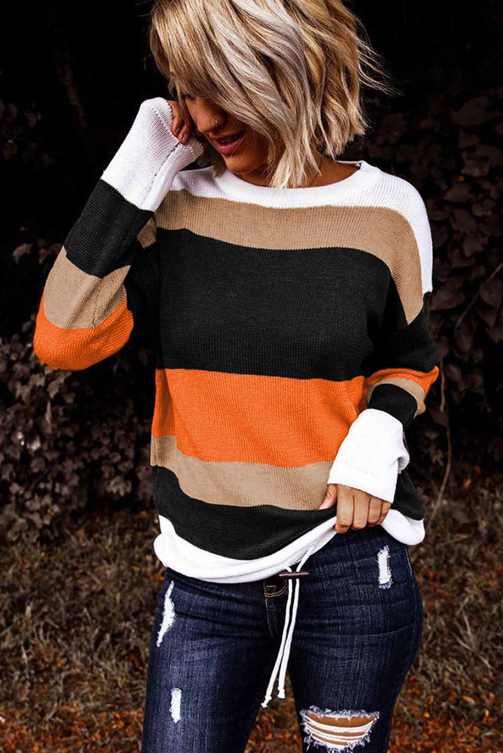 Colorblock Knit Sweater featuring a vibrant design in orange, showcasing a round neck and full sleeves, perfect for casual wear.