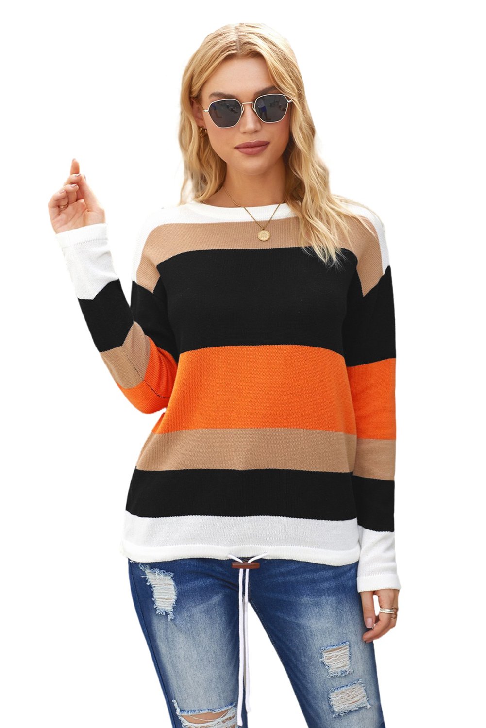 Colorblock Knit Sweater featuring a vibrant design in orange, showcasing a round neck and full sleeves, perfect for casual wear.