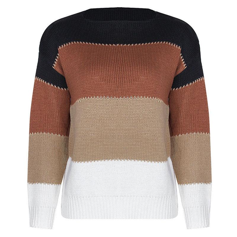 A stylish contrast color casual warm pullover for women, featuring a knitted design with an O-neck collar, perfect for winter streetwear.