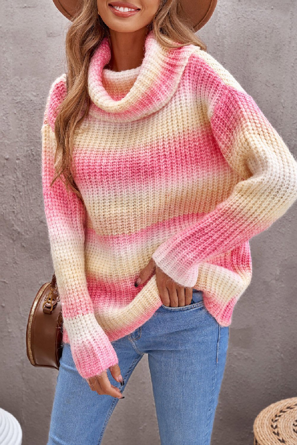 Cowl Neck Ombre Knit Sweater in multicolor with red accents, showcasing its stylish design and cozy fabric.