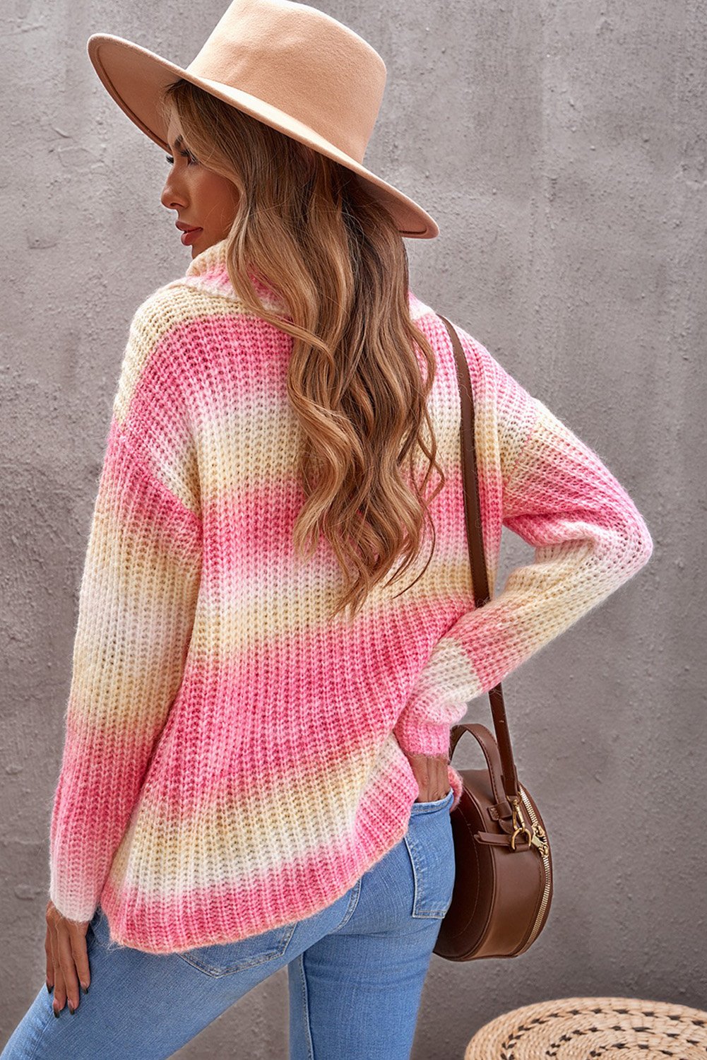 Cowl Neck Ombre Knit Sweater in multicolor with red accents, showcasing its stylish design and cozy fabric.