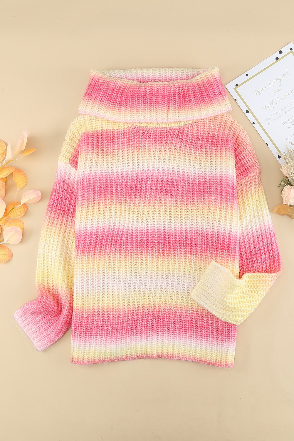 Cowl Neck Ombre Knit Sweater in multicolor with red accents, showcasing its stylish design and cozy fabric.