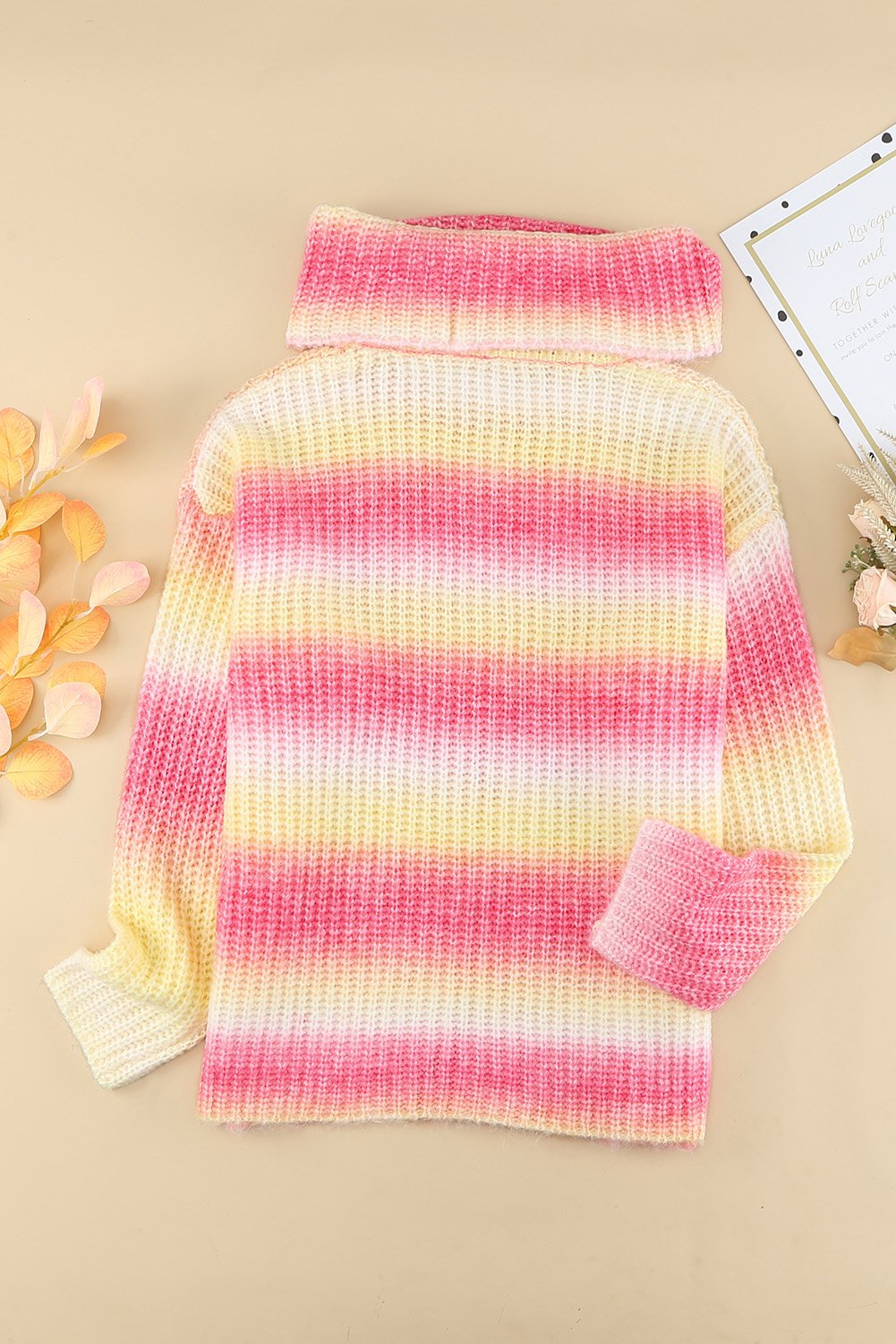 Cowl Neck Ombre Knit Sweater in multicolor with red accents, showcasing its stylish design and cozy fabric.