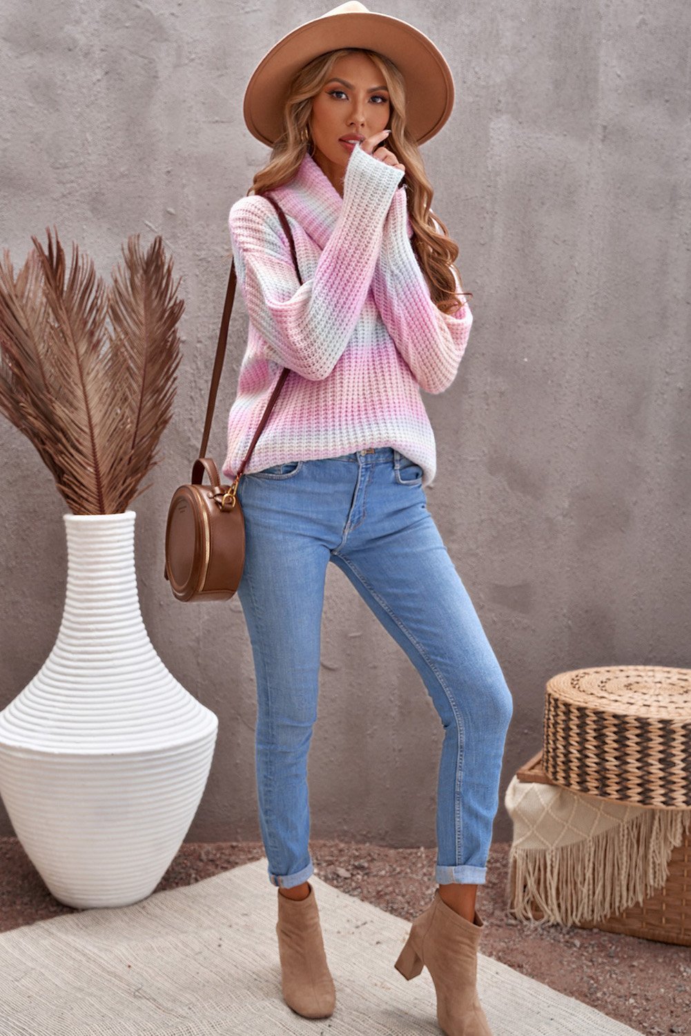 Cowl Neck Ombre Knit Sweater in multicolor with red accents, showcasing its stylish design and cozy fabric.