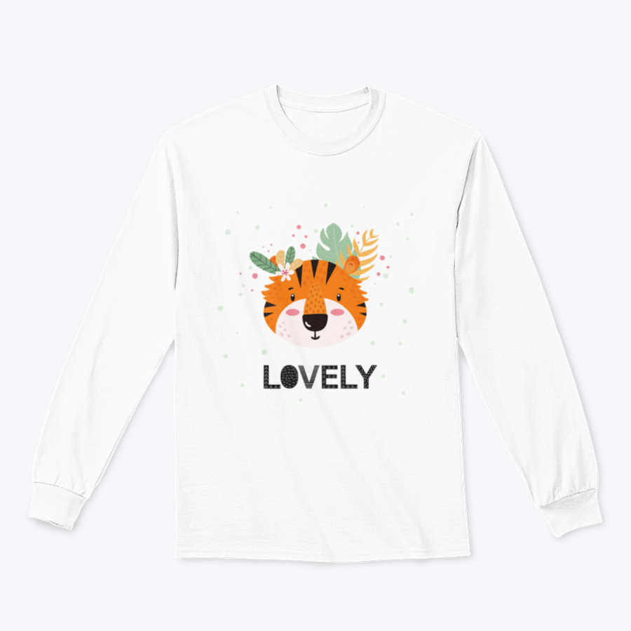 Cute hand-drawn tiger face design surrounded by flowers and leaves on a soft cotton T-shirt.