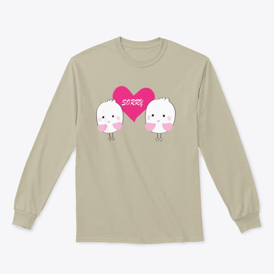 Cute bird design with a red heart and the word 'Sorry' on a comfortable shirt.